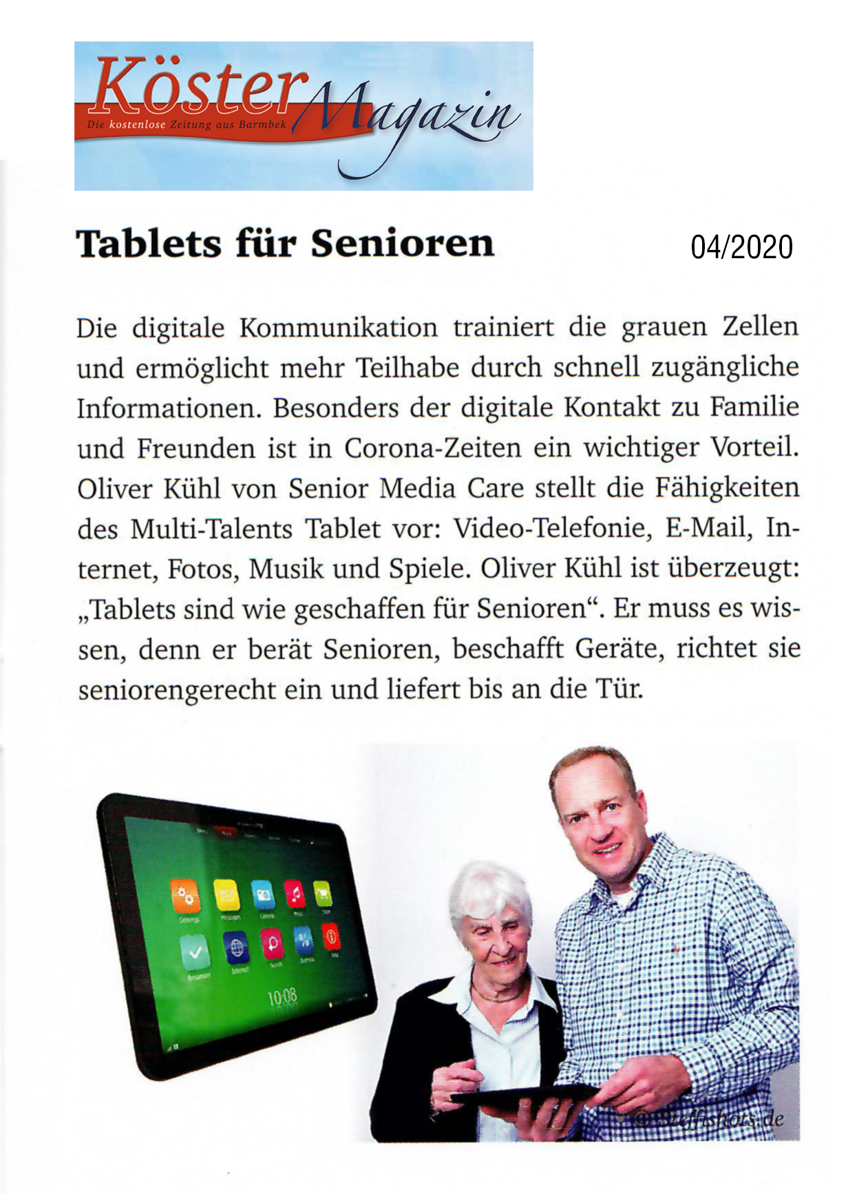 PR-Bericht "Tablets für Senioren" in der Zeitschrift Köster-Magazin