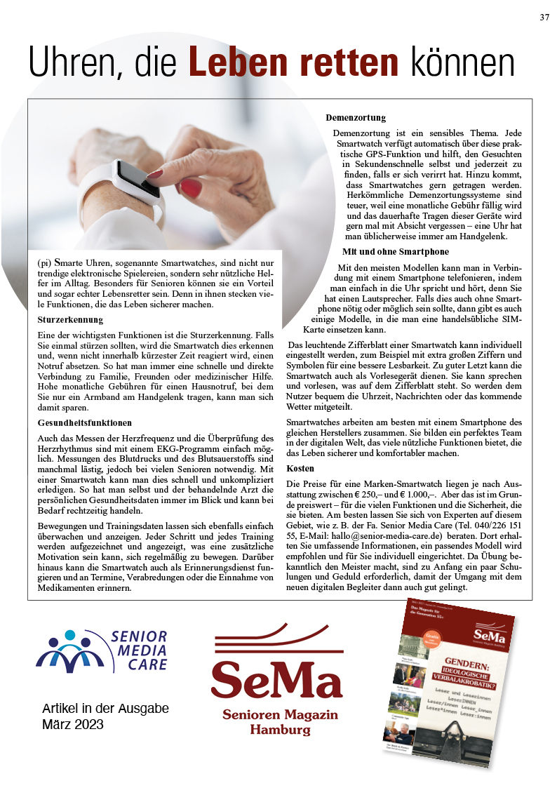 Artikel in Der Zeitschrift Senioren-Magazin über Smartwatches